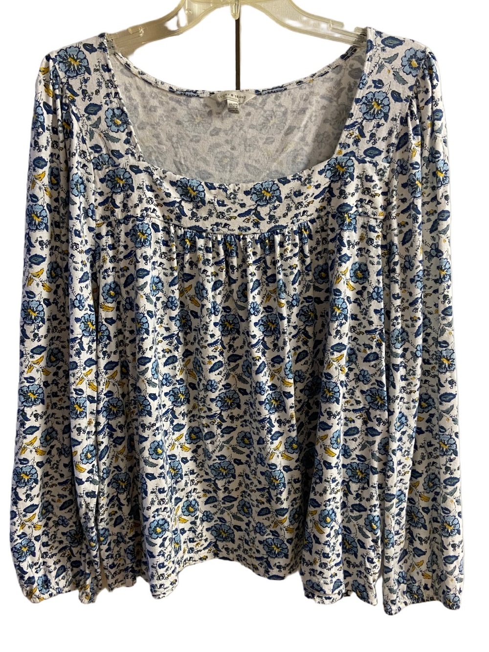 Lucky Brand Blue Floral Square Neck Long Sleeve Babydoll Blouse Boho XXL